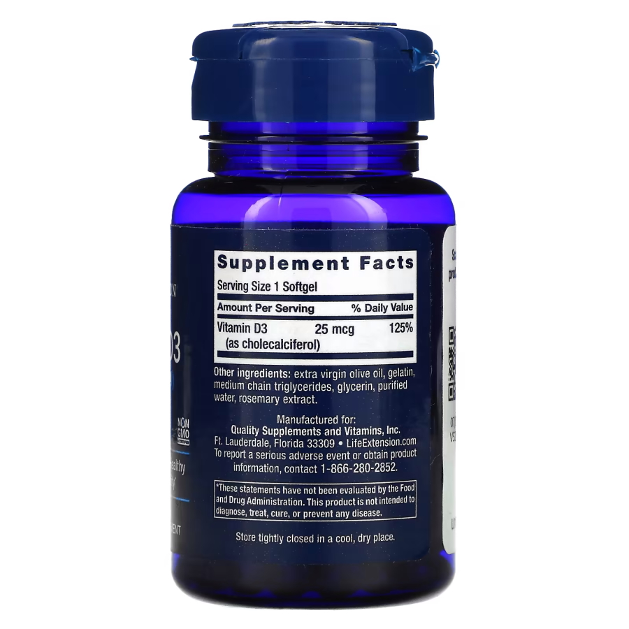 Витамины и минералы Life Extension Vitamin D3 1000 IU, 90 капсул. Фото 2