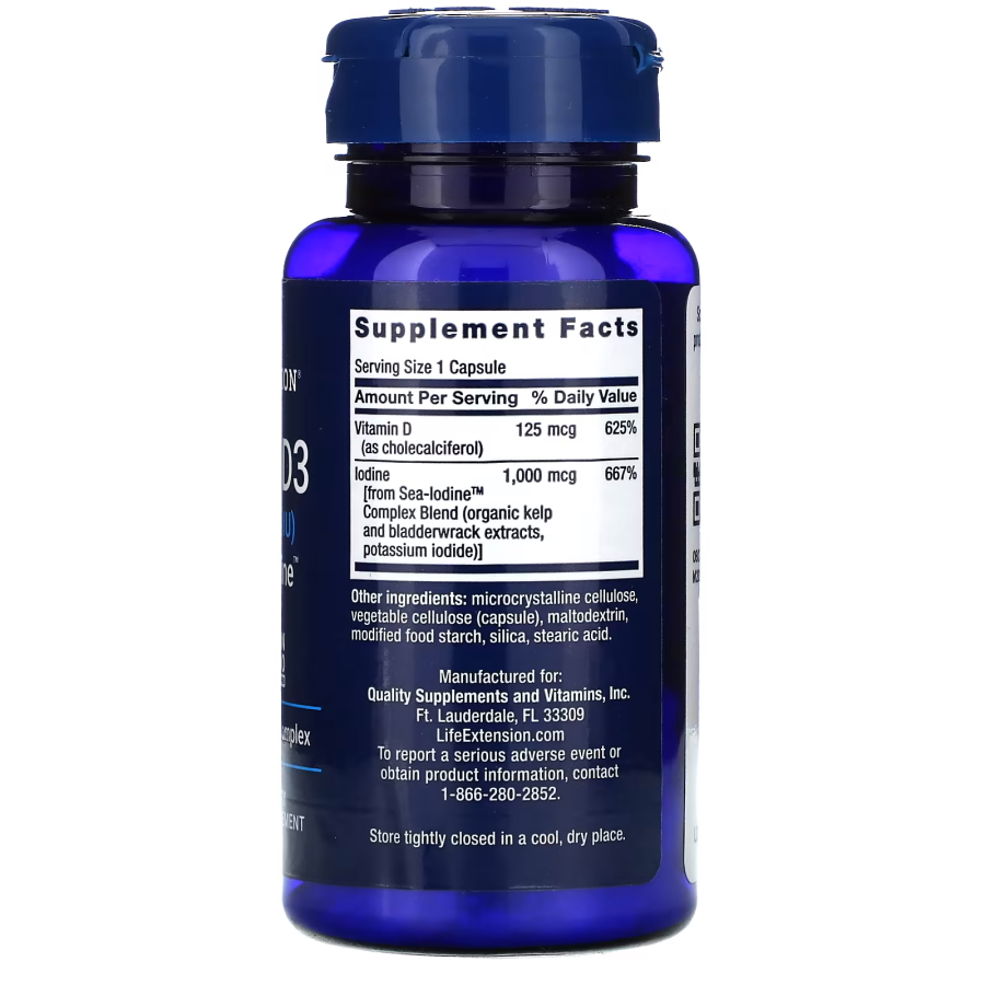 Витамины и минералы Life Extension Vitamin D3 5000 IU with Sea-Iodine, 60 капсул. Фото 2
