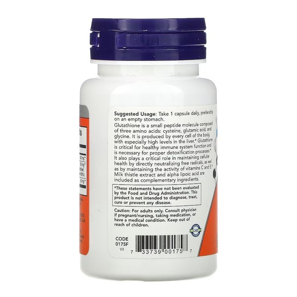 Аминокислота NOW Glutathione 500 mg, 30 вегакапсул. Фото 3
