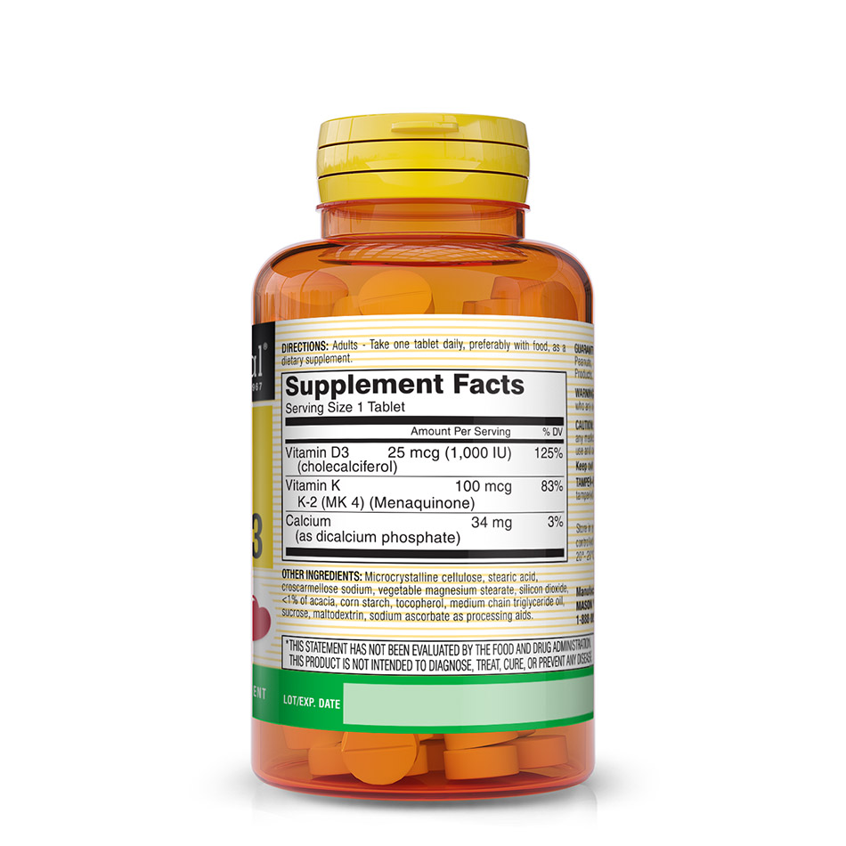 Витамины и минералы Mason Natural Vitamin K2 100 mcg plus Vitamin D3, 100 таблеток. Фото 2