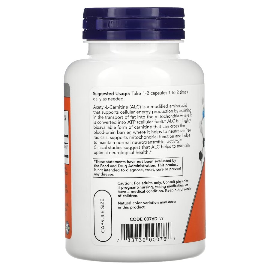 Жиросжигатель NOW Acetyl-L-Carnitine 500 mg, 100 вегакапсул. Фото 3