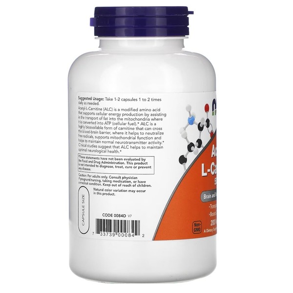 Жироспалювач NOW Acetyl-L-Carnitine 500 mg, 200 вегакапсул. Фото 3