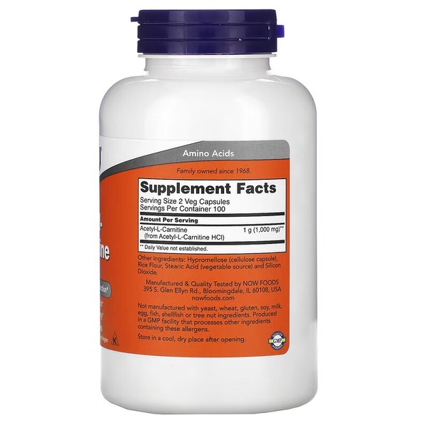 Жироспалювач NOW Acetyl-L-Carnitine 500 mg, 200 вегакапсул. Фото 2