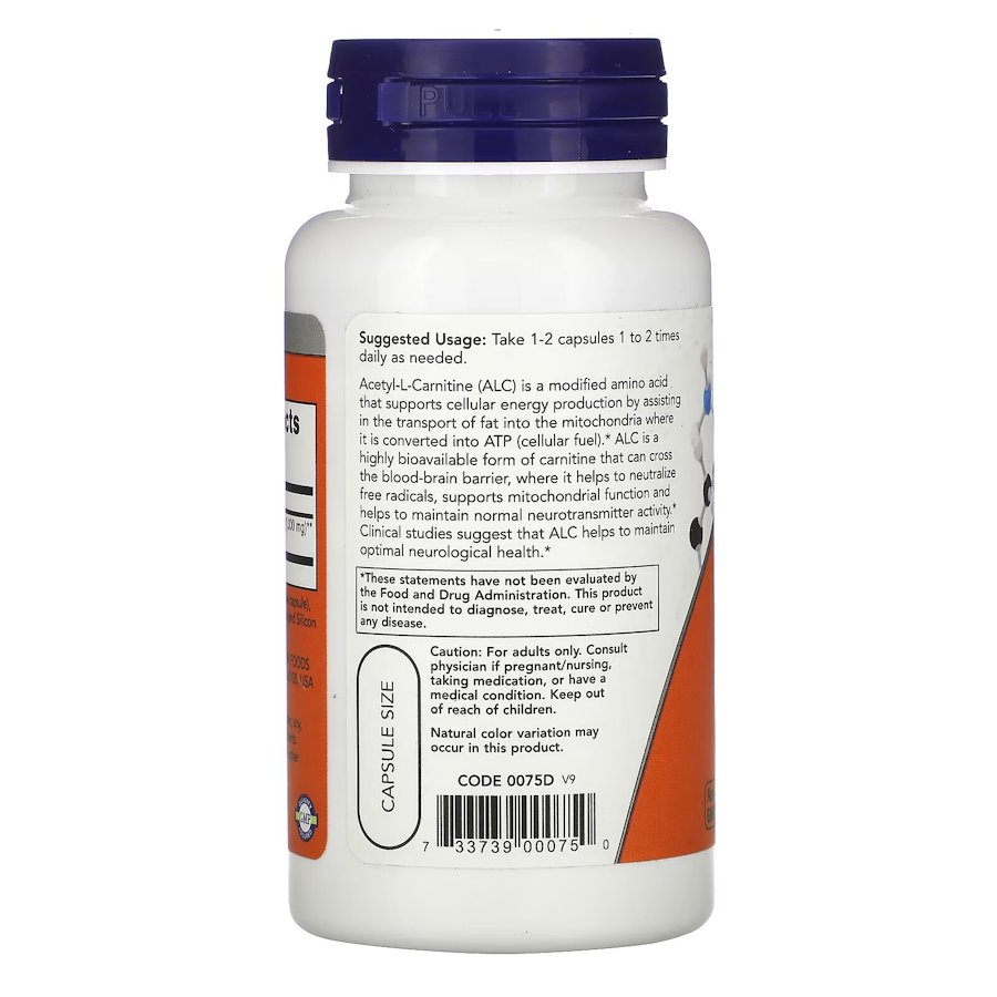 Жироспалювач NOW Acetyl-L-Carnitine 500 mg, 50 вегакапсул. Фото 3