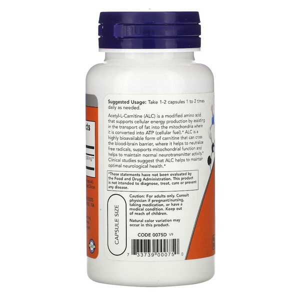 Жироспалювач NOW Acetyl-L-Carnitine 500 mg, 50 вегакапсул. Фото 3