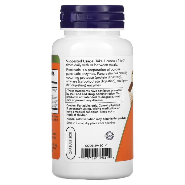Пробіотики і пребіотики NOW Pancreatin 2000 mcg, 100 капсул. Фото 3