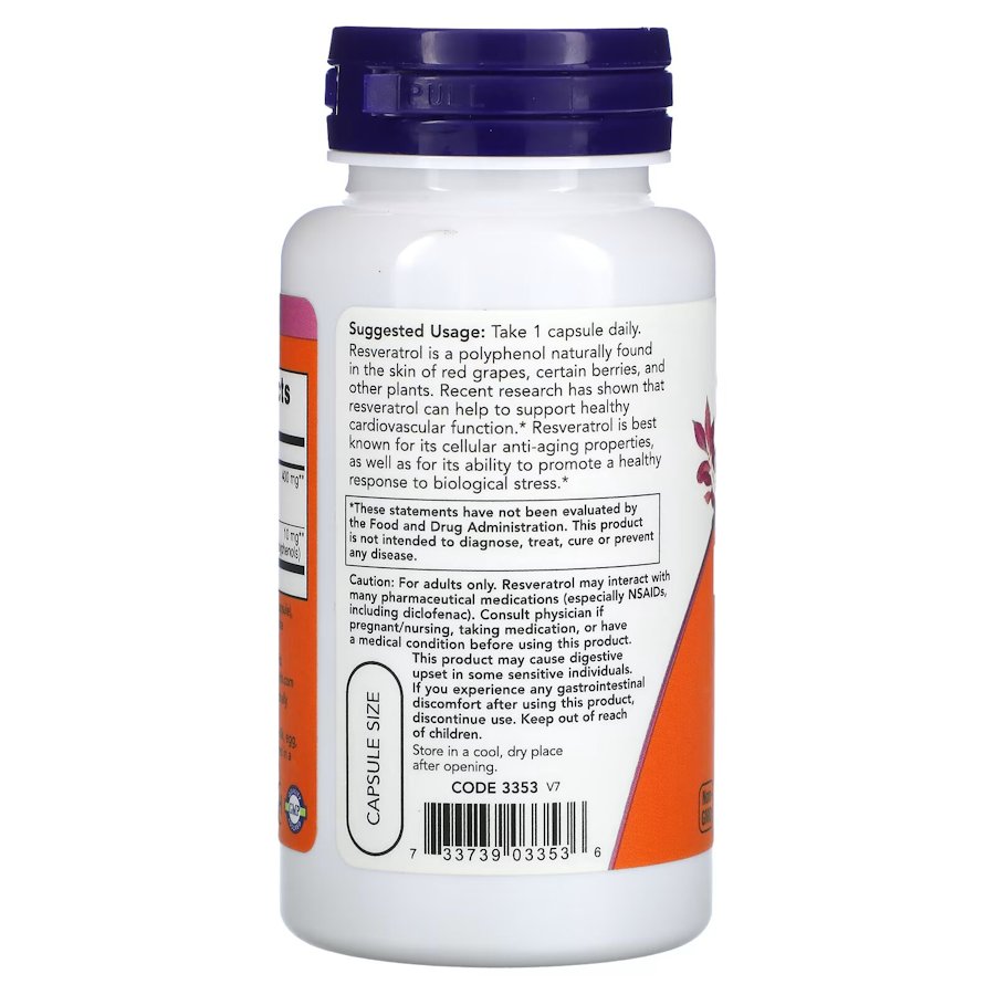 Натуральная добавка NOW Resveratrol 200 mg, 60 вегакапсул. Фото 3