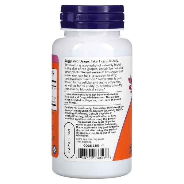 Натуральная добавка NOW Resveratrol 200 mg, 60 вегакапсул. Фото 3