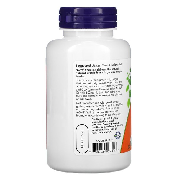 Органічна спіруліна NOW Spirulina 1000 mg Certified Organic, 120 таблеток. Фото 3