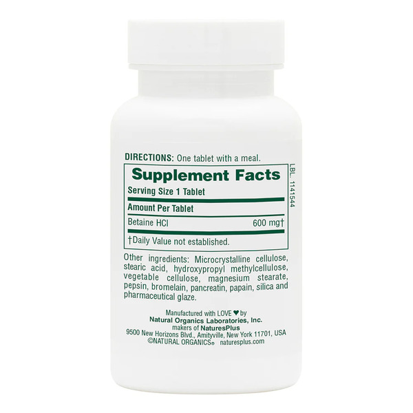 Натуральная добавка Natures Plus Betaine Hydrochloride 600 mg, 90 таблеток. Фото 2