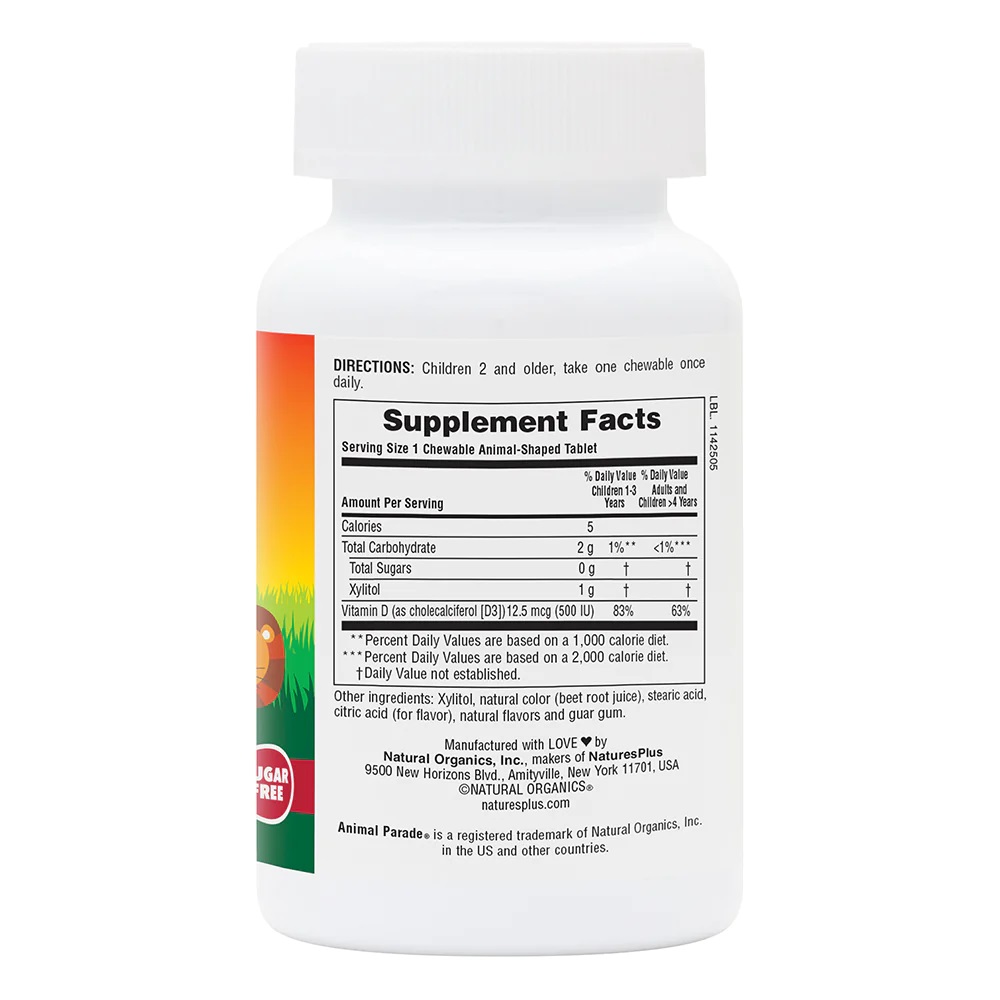 Витамин D3 для детей Natures Plus Animal Parade Vitamin D3 500 IU Sugar-Free, 90 жевательных таблеток. Фото 2