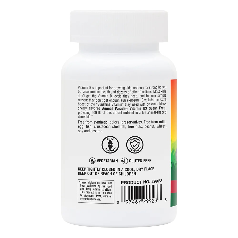 Витамин D3 для детей Natures Plus Animal Parade Vitamin D3 500 IU Sugar-Free, 90 жевательных таблеток. Фото 3