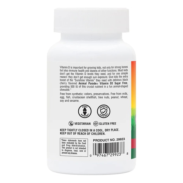 Витамин D3 для детей Natures Plus Animal Parade Vitamin D3 500 IU Sugar-Free, 90 жевательных таблеток. Фото 3