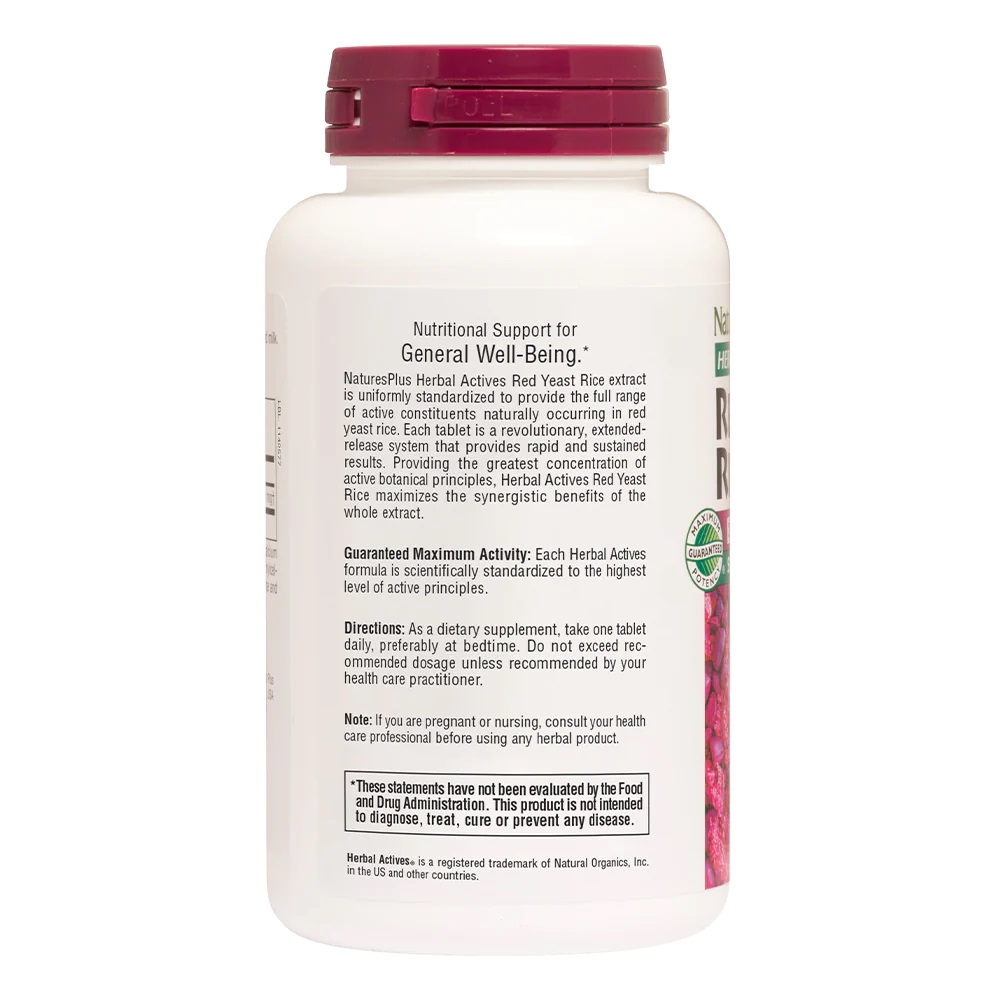 Натуральная добавка Natures Plus Herbal Actives Red Yeast Rice 600 mg, 60 таблеток. Фото 3