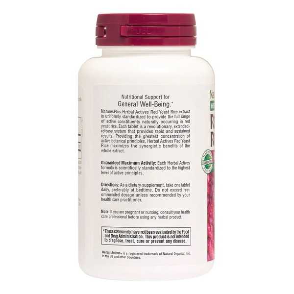 Натуральная добавка Natures Plus Herbal Actives Red Yeast Rice 600 mg, 60 таблеток. Фото 3