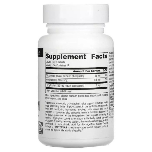 Амінокислота Source Naturals L-Tryptophan 500 mg, 30 таблеток. Фото 2