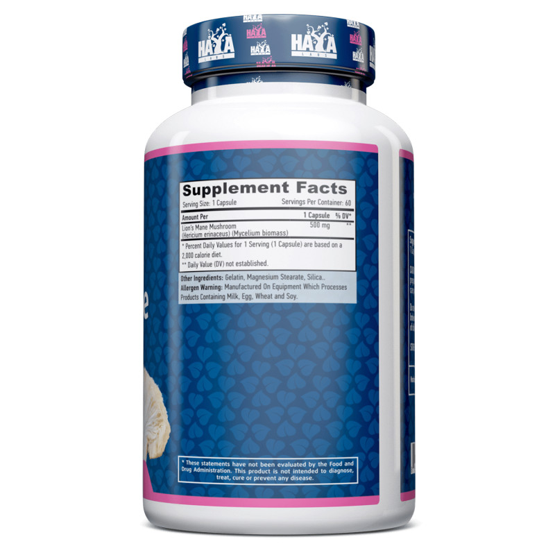 Натуральная добавка Haya Labs Lion's Mane Mushroom 500 mg, 60 капсул. Фото 2