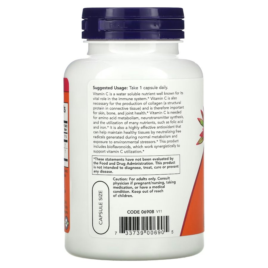 Витамины и минералы NOW Vitamin C-1000 with Bioflavonoids, 100 вегакапсул. Фото 3