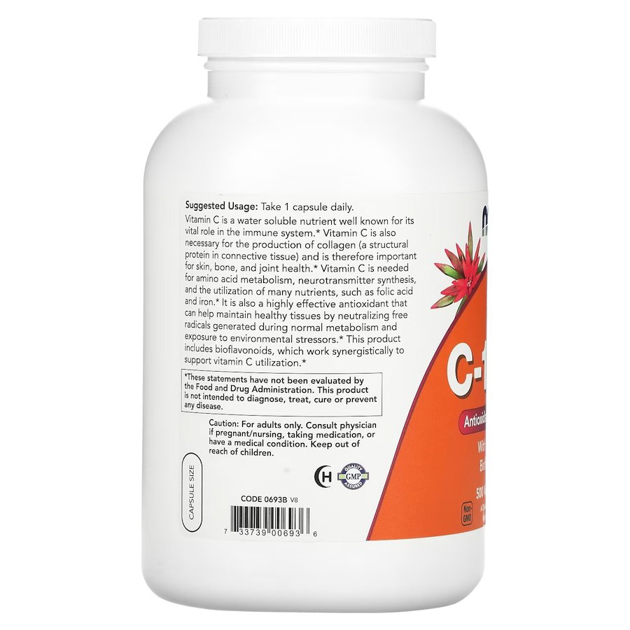 Витамины и минералы NOW Vitamin C-1000 with Bioflavonoids, 500 вегакапсул. Фото 3