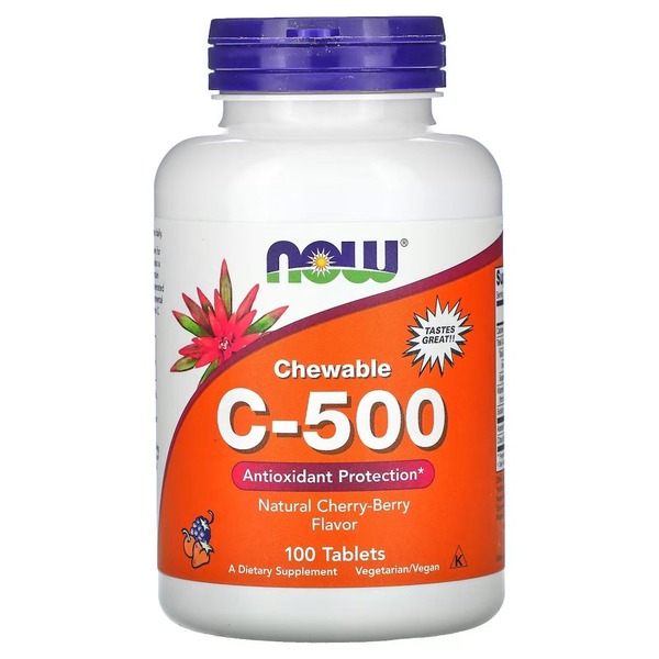 Витамины и минералы NOW Vitamin C-500, 100 жевательных таблеток - Вишня