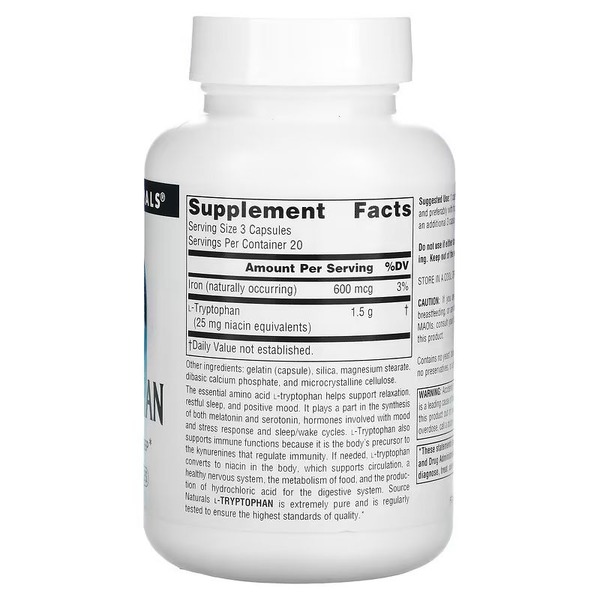 Амінокислота Source Naturals L-Tryptophan 500 mg, 60 капсул. Фото 2