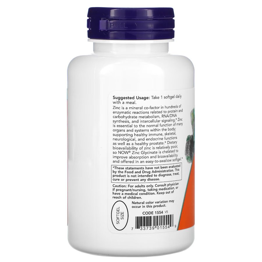 Витамины и минералы NOW Zinc Glycinate 30 mg, 120 капсул. Фото 3