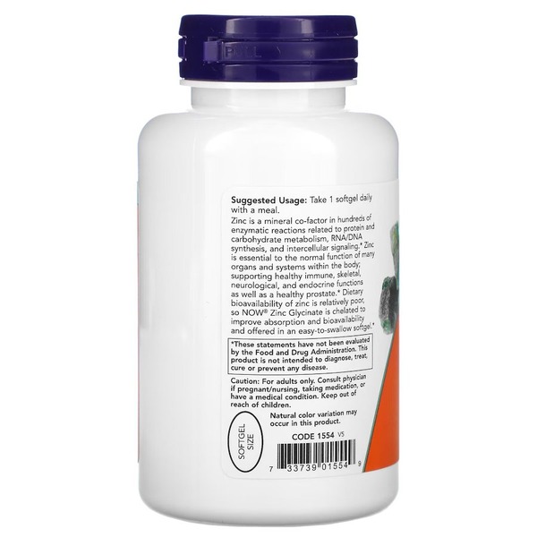 Витамины и минералы NOW Zinc Glycinate 30 mg, 120 капсул. Фото 3