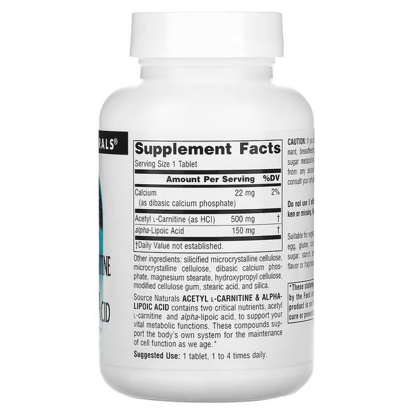 Жироспалювач Source Naturals Acetyl L-Carnitine & Alpha Lipoic Acid 650 mg, 60 таблеток. Фото 2