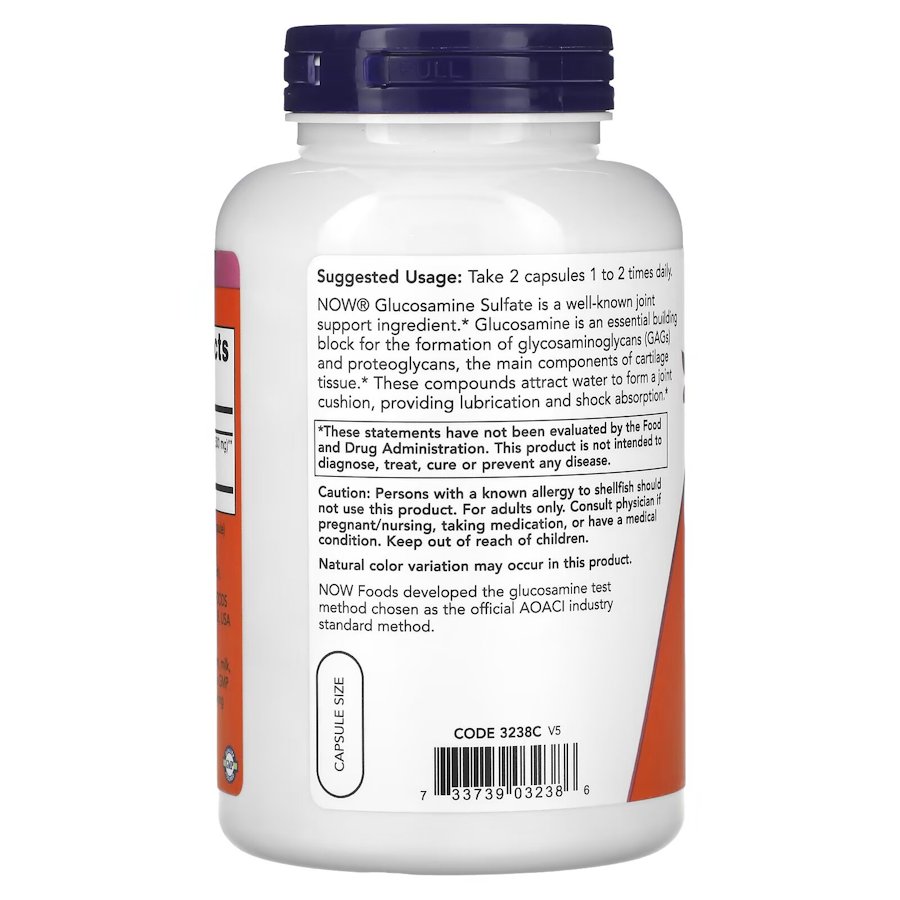 Препарат для суглобів і зв'язок NOW Glucosamine Sulfate 750 mg, 240 капсул. Фото 3