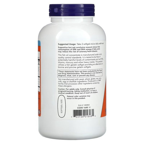 Жирні кислоти NOW Omega-3 1000 mg, 200 рибних капсул. Фото 3