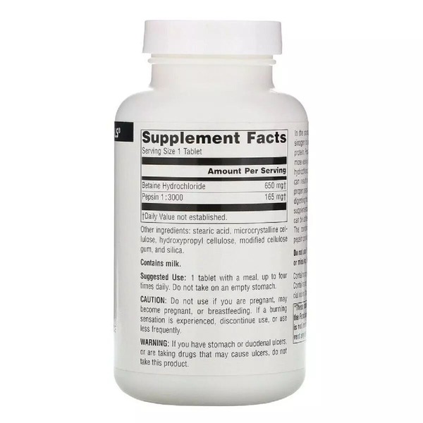 Натуральная добавка Source Naturals Betaine HCl 650 mg, 90 таблеток. Фото 2