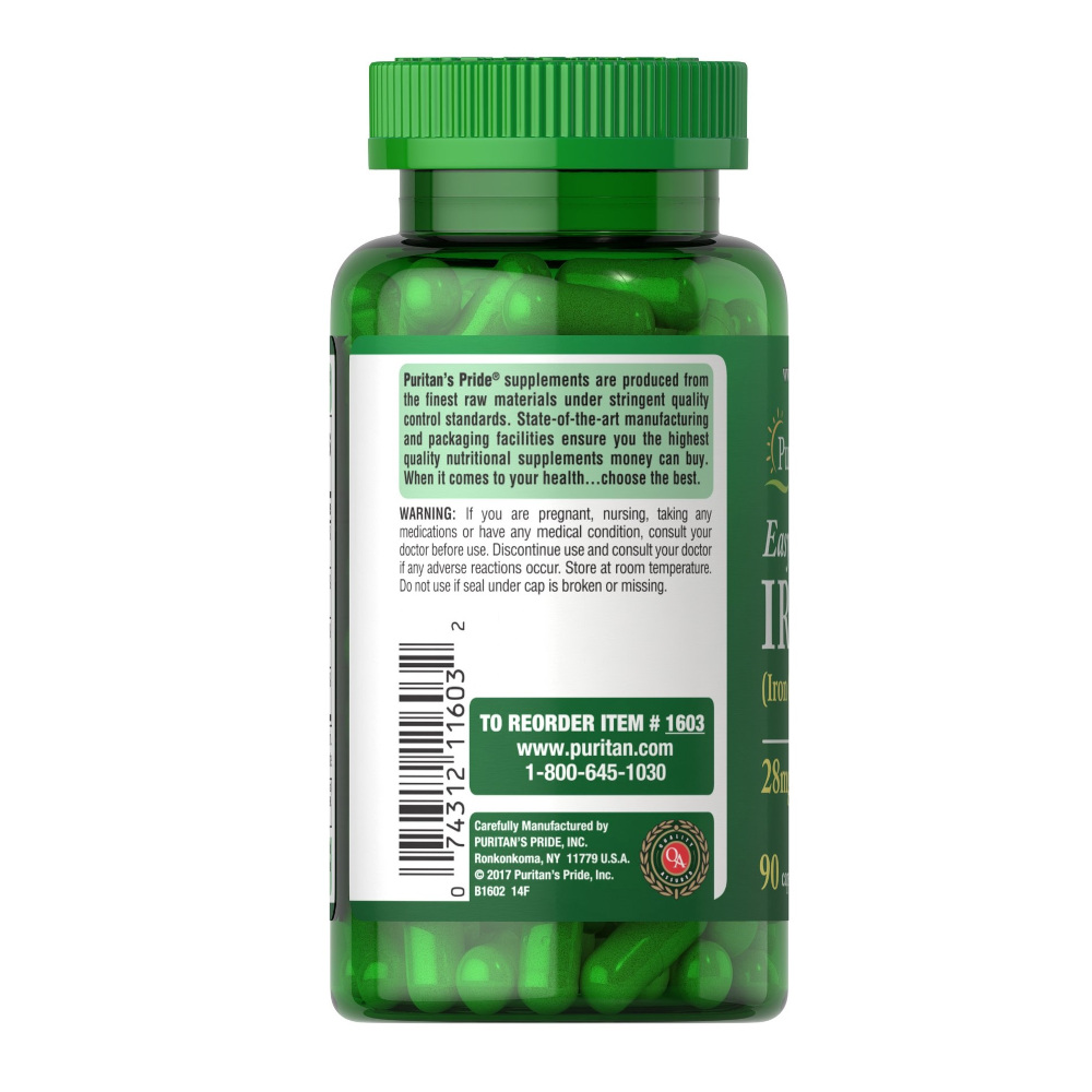 Вітаміни та мінерали Puritan's Pride Easy Iron 28 mg (Iron Glycinate), 90 капсул. Фото 3