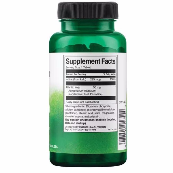 Йод з водоростей Swanson Kelp Iodine Source 225 mcg, 250 таблеток. Фото 2