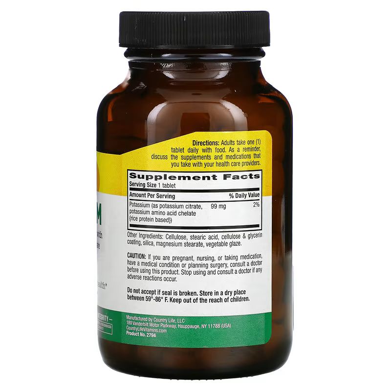 Калій цитрат Country Life Potassium 99 mg, 250 таблеток для підтримка нервів та м'язів. Фото 2