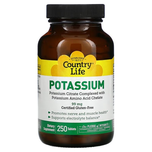 Калій цитрат Country Life Potassium 99 mg, 250 таблеток для підтримка нервів та м'язів