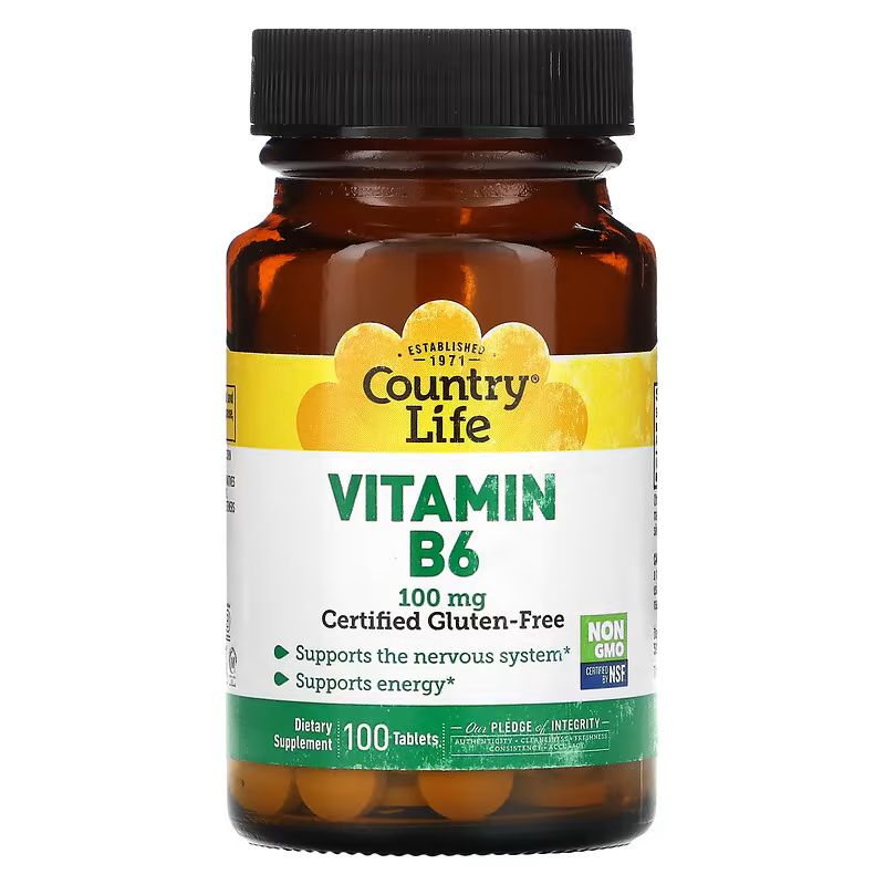 Хелатний вітамін B6 Country Life Vitamin B6 100 mg, 100 таблеток для підтримки нервової системи