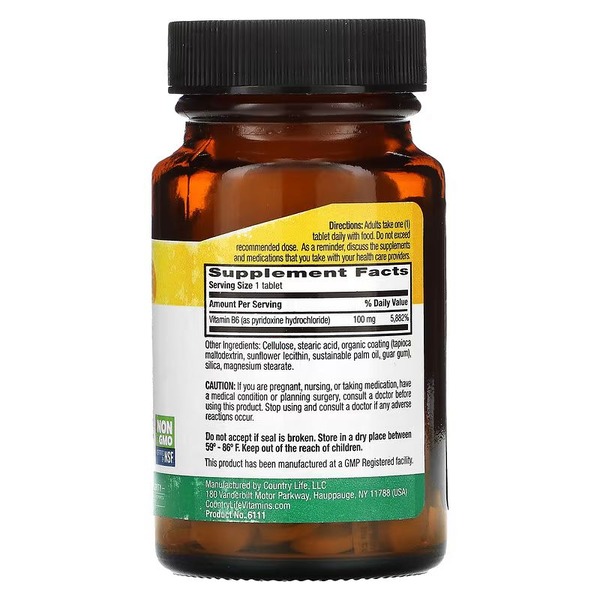 Хелатний вітамін B6 Country Life Vitamin B6 100 mg, 100 таблеток для підтримки нервової системи. Фото 2