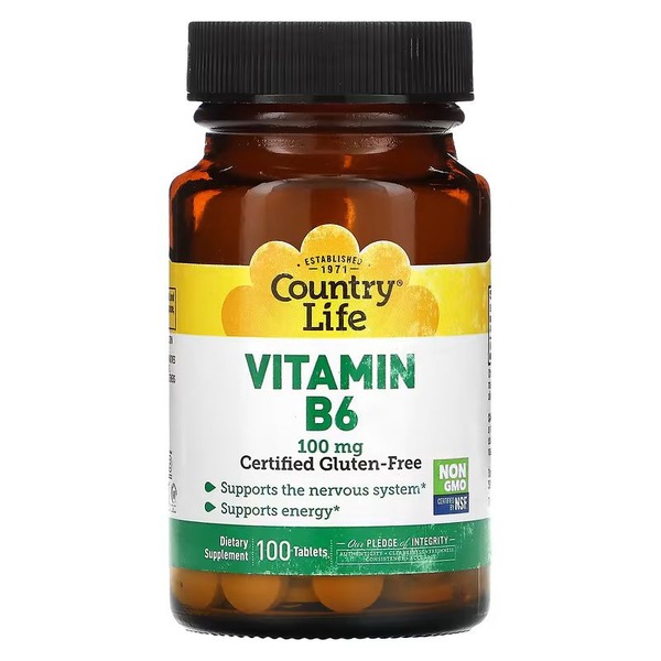 Хелатний вітамін B6 Country Life Vitamin B6 100 mg, 100 таблеток для підтримки нервової системи