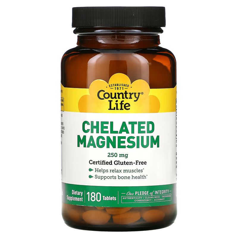 Магній у хелатній формі Country Life Chelated Magnesium 250 mg, 180 таблеток для розслаблення м'язів і здоров'я кісток