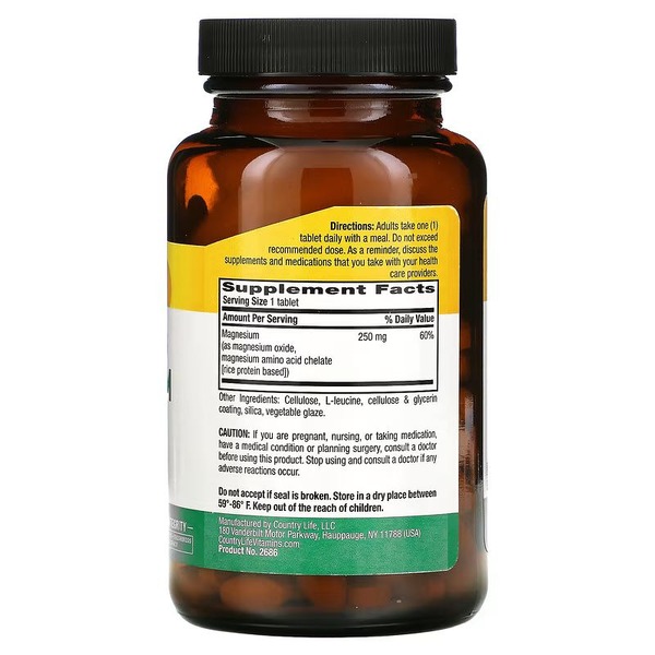 Магній у хелатній формі Country Life Chelated Magnesium 250 mg, 180 таблеток для розслаблення м'язів і здоров'я кісток. Фото 2