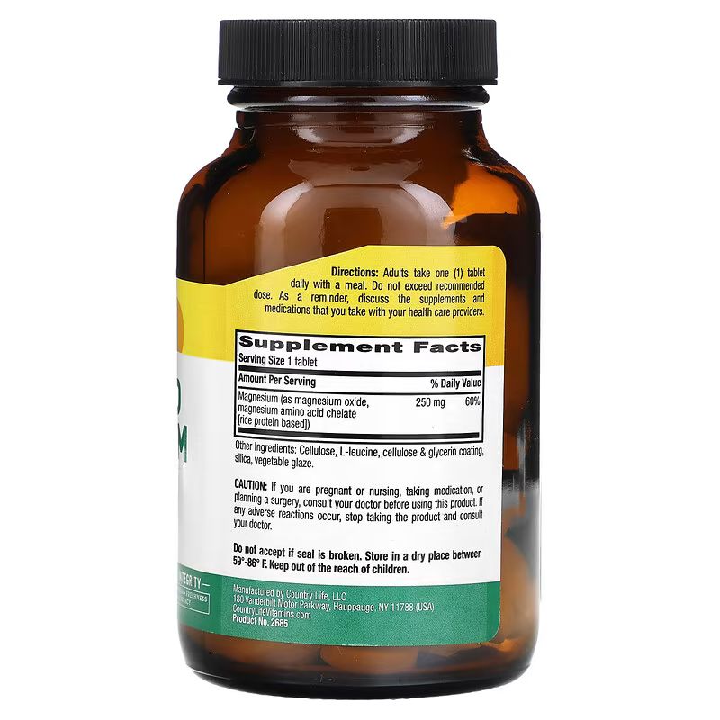 Магній у хелатній формі Country Life Chelated Magnesium 250 mg, 90 таблеток для розслаблення м'язів і здоров'я кісток. Фото 2
