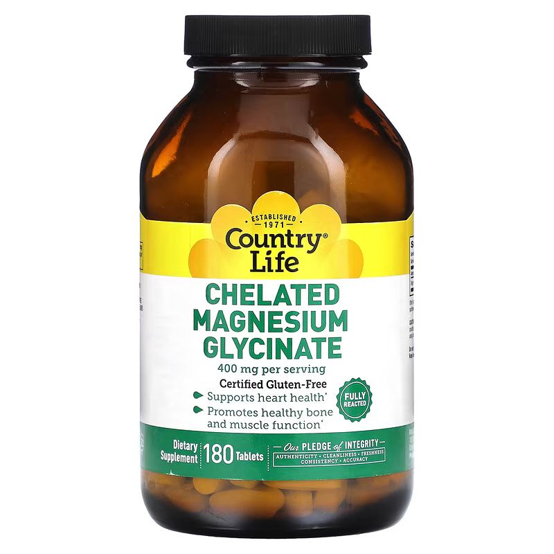 Гліцинат магнію Country Life Chelated Magnesium Glycinate 400 mg, 180 таблеток для підтримки серця та м'язів