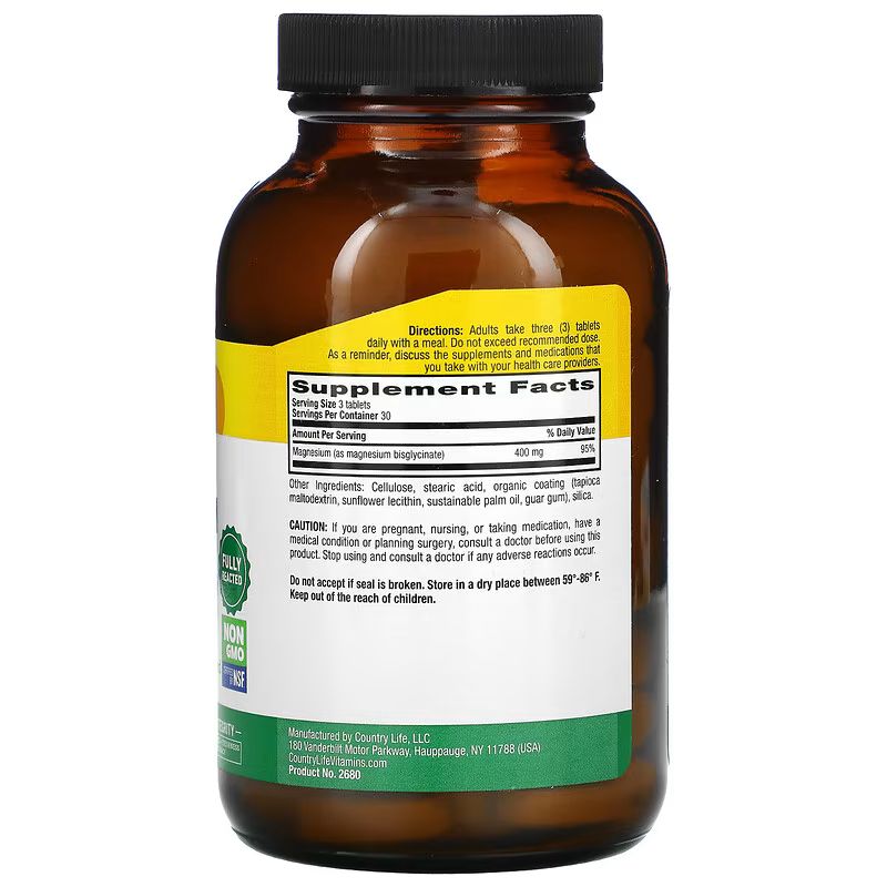 Гліцинат магнію Country Life Chelated Magnesium Glycinate 400 mg, 90 таблеток для підтримки серця та м'язів. Фото 2