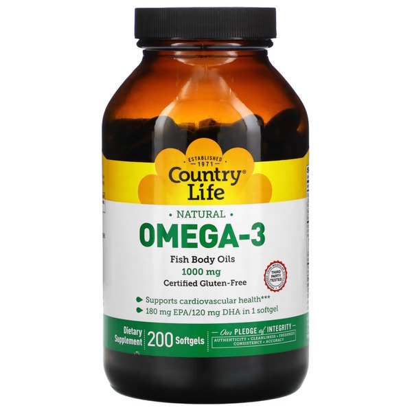 Натуральна Омега 3 Country Life Omega-3 1000 mg Natural, 200 капсул