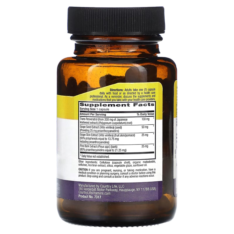 Комплекс з ресвератролом Country Life Resveratrol Plus, 60 вегакапсул для підтримки серця. Фото 2