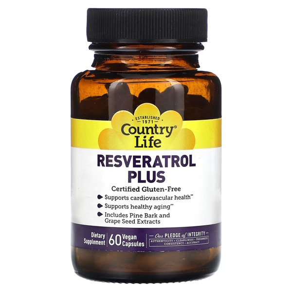 Комплекс з ресвератролом Country Life Resveratrol Plus, 60 вегакапсул для підтримки серця