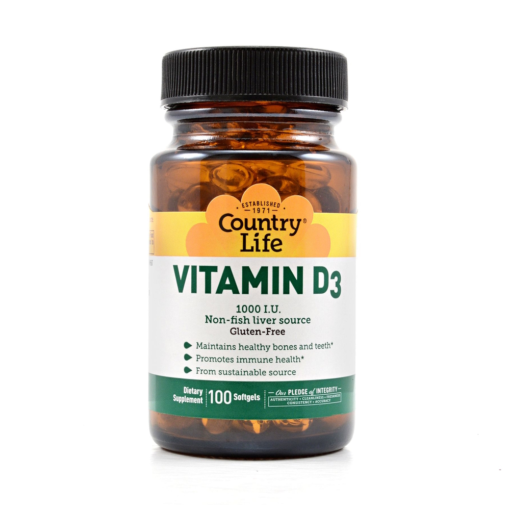 Вітамін D3 рослинного походження Country Life Vitamin D3 1000 IU, 100 капсул для підтримка кісток та імунітету