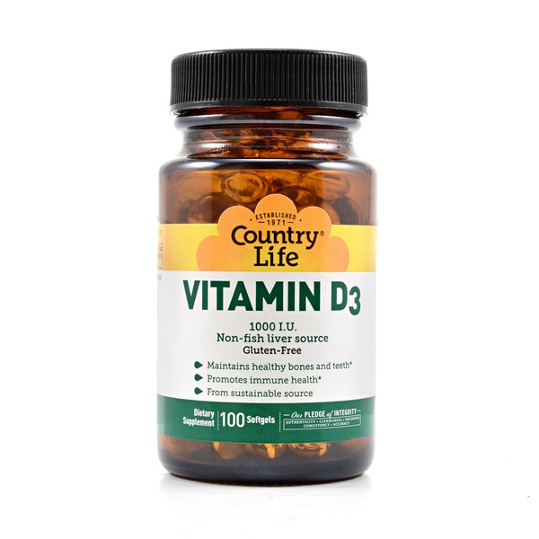 Вітамін D3 рослинного походження Country Life Vitamin D3 1000 IU, 100 капсул для підтримка кісток та імунітету