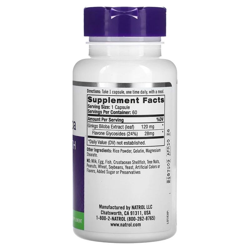 Екстракт гінкго білоба Natrol Ginkgo Biloba 120 mg, 60 капсул. Фото 2