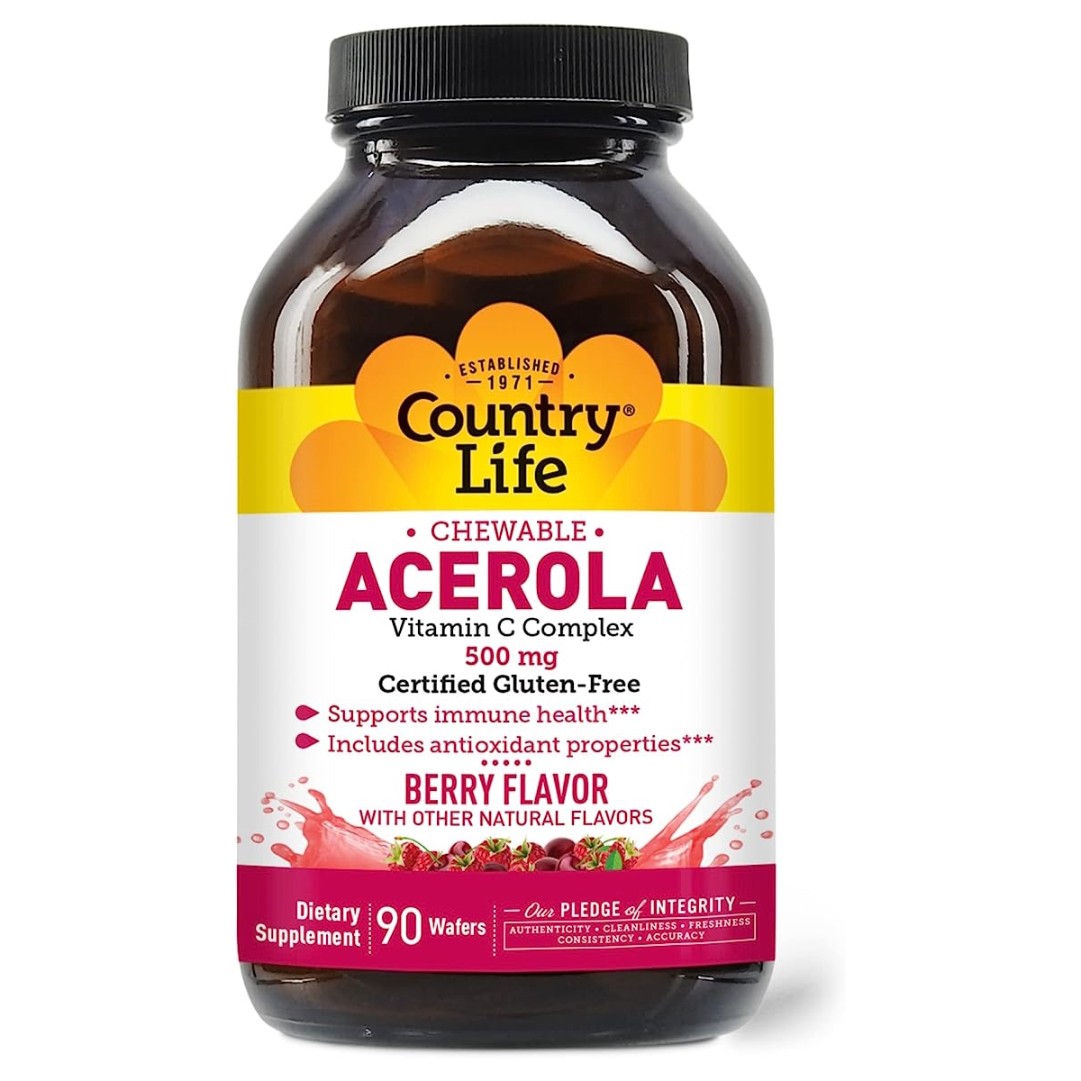 Натуральна добавка Country Life Acerola 500 mg, 90 жувальних таблеток